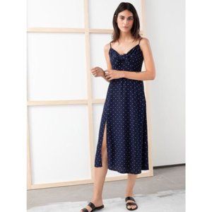 & Other Stories Strappy A line mid dress Navy white polka dot w/ slit